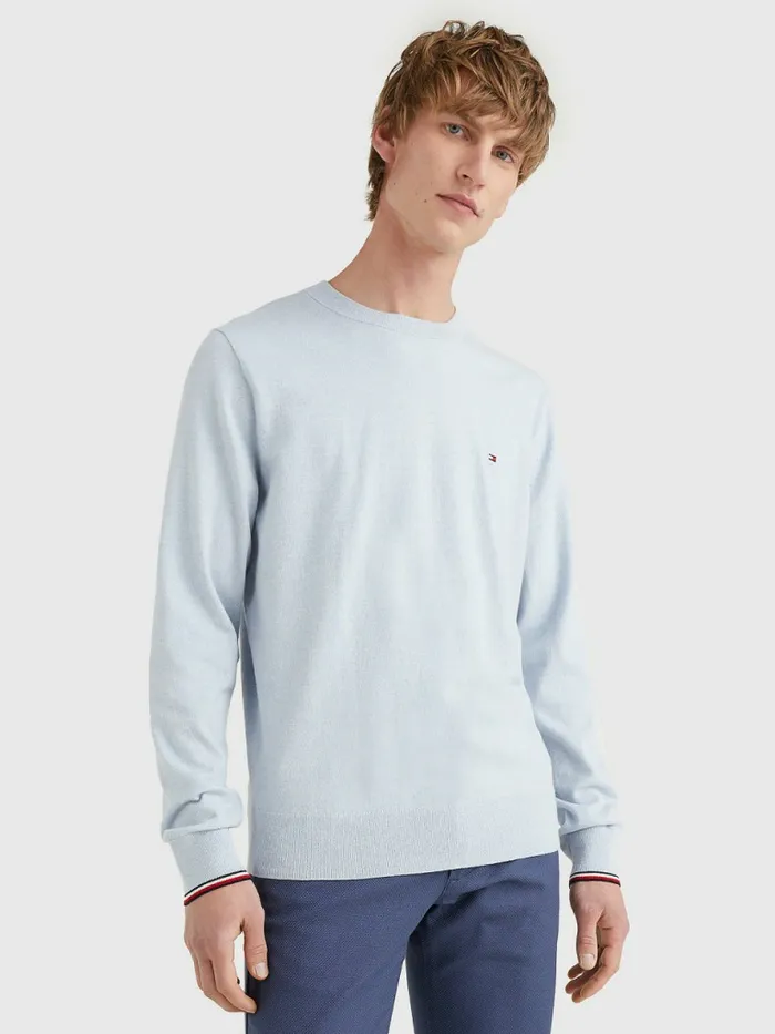 Tommy Hilfiger Th Flex Tipped Cuffs Jumper Daybreak Blue Mens Knitwear Popular Tommy Hilfiger Th Flex Tipped Cuffs Jumper Daybreak Blue Mens Knitwear Popular