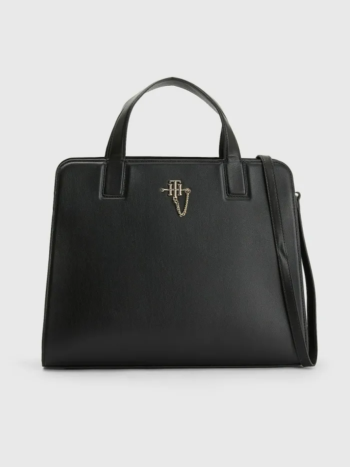 Tommy Hilfiger Th Interlock Chain Satchel Black Womens Bags For Sale