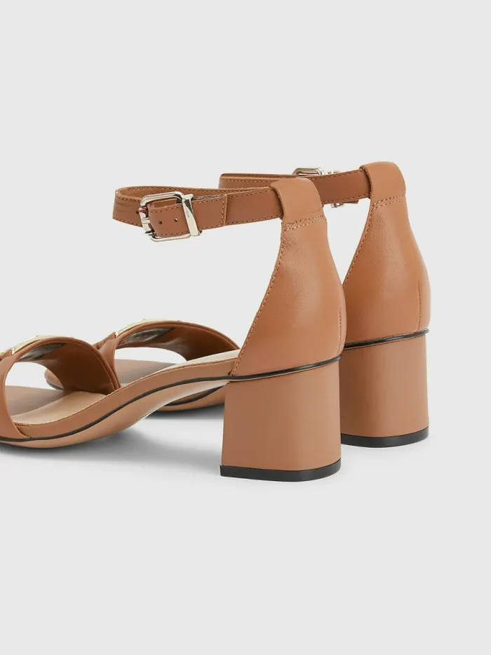 Tommy Hilfiger Th Interlock Leather Mid Heel Sandal Summer Cognac Womens Sandals Gift for Friend