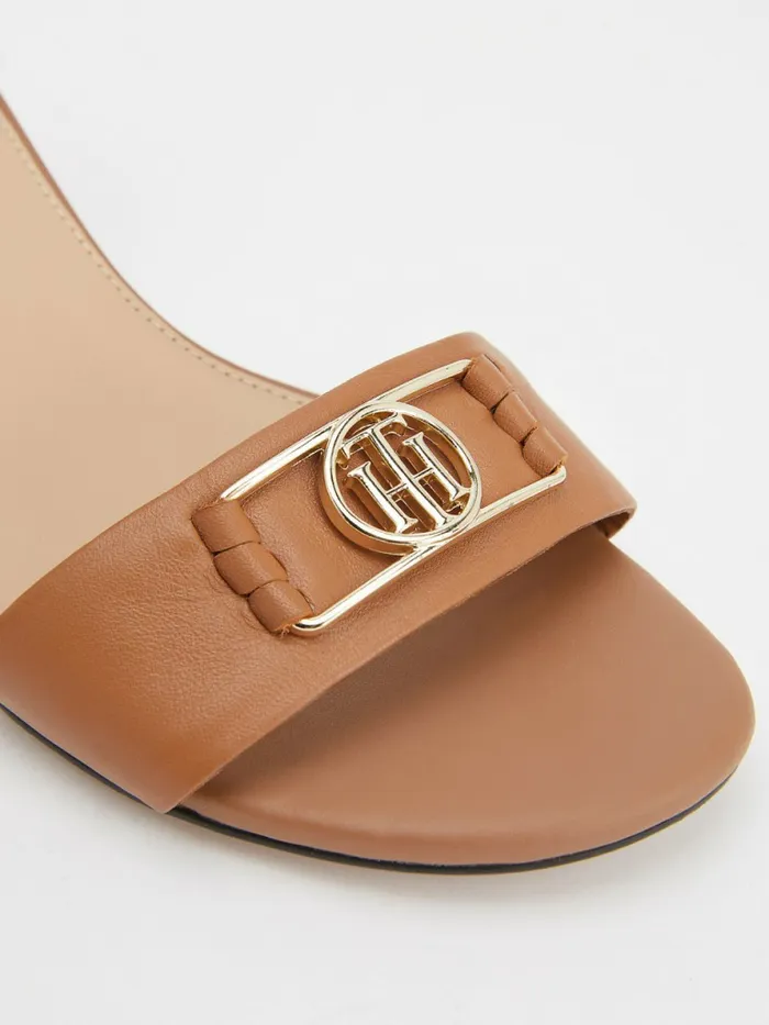 Tommy Hilfiger Th Interlock Leather Mid Heel Sandal Summer Cognac Womens Sandals Gift for Friend