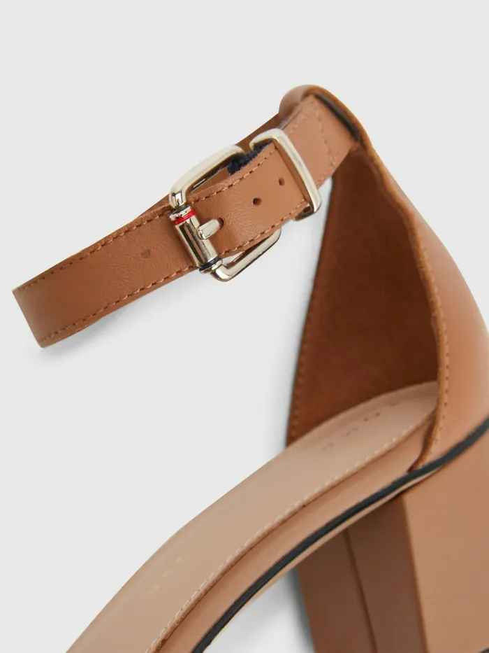Tommy Hilfiger Th Interlock Leather Mid Heel Sandal Summer Cognac Womens Sandals Gift for Friend