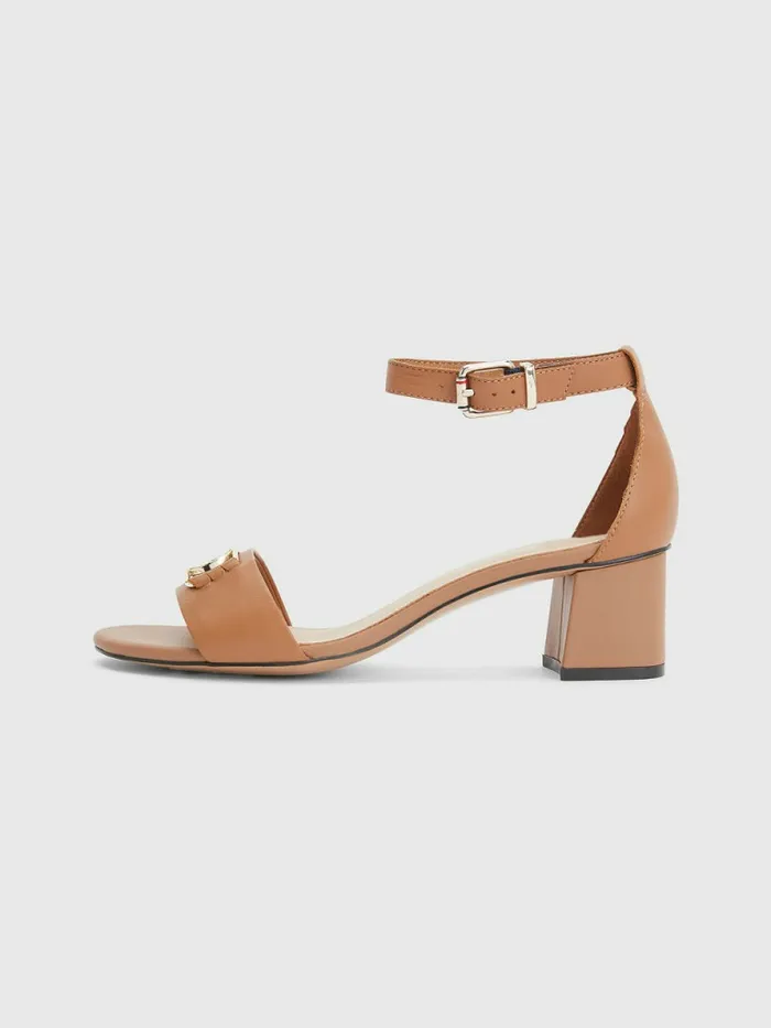 Tommy Hilfiger Th Interlock Leather Mid Heel Sandal Summer Cognac Womens Sandals Gift for Friend