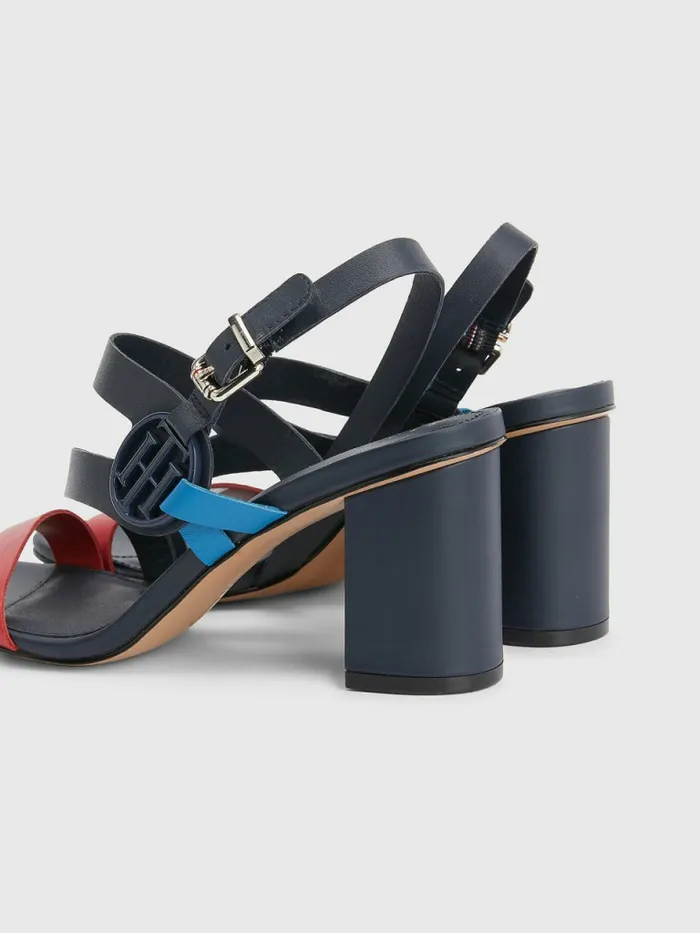 Tommy Hilfiger Th Monogram Leather Block Heel Sandals Rwb Womens Sandals On Sale