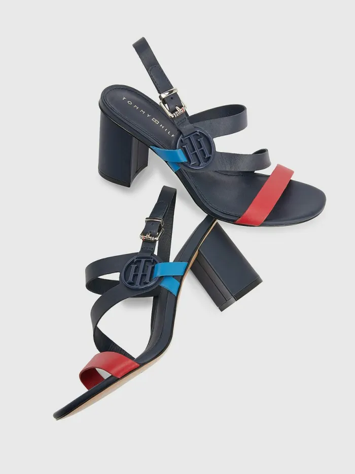 Tommy Hilfiger Th Monogram Leather Block Heel Sandals Rwb Womens Sandals On Sale