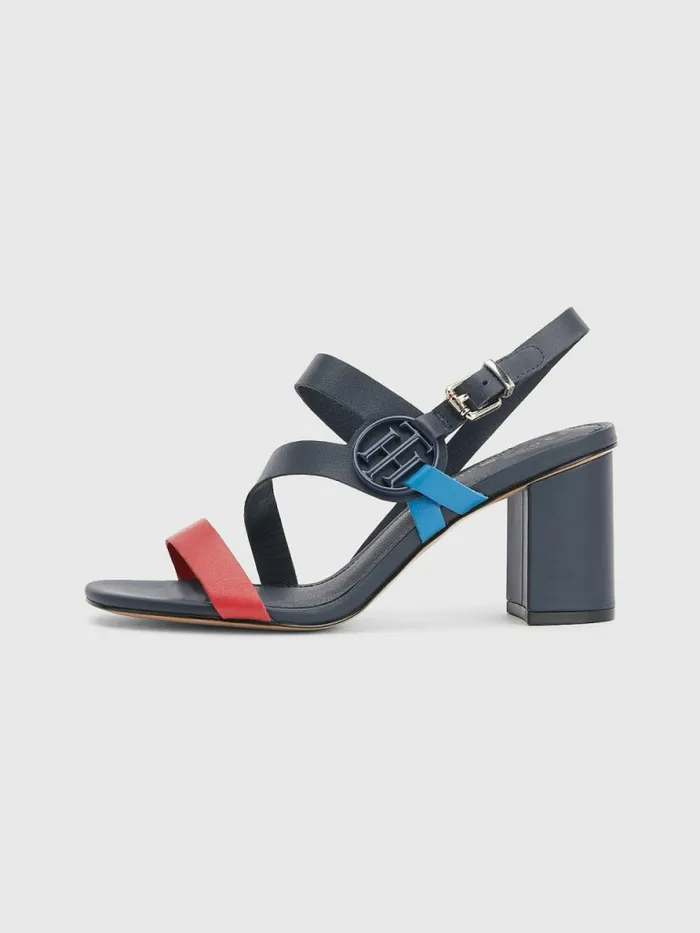 Tommy Hilfiger Th Monogram Leather Block Heel Sandals Rwb Womens Sandals On Sale