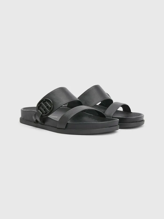 Tommy Hilfiger Th Monogram Leather Sandals Black Womens Boots For Sale