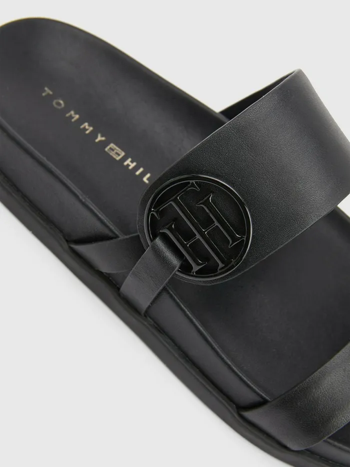 Tommy Hilfiger Th Monogram Leather Sandals Black Womens Boots For Sale