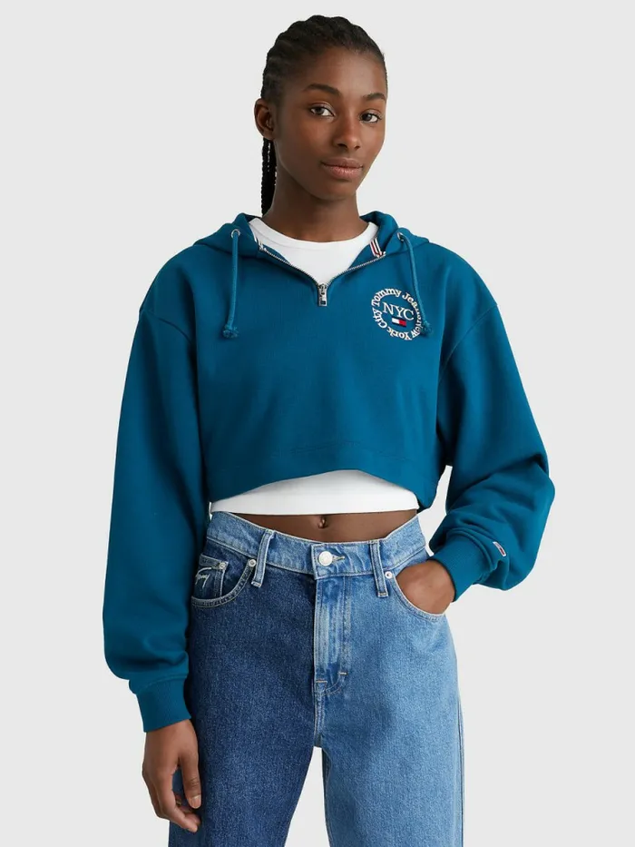 Tommy Hilfiger Timeless Logo Super Cropped Hoody Petrol Womens Sweatshirts and Hoodies Gift for Friend Tommy Hilfiger Timeless Logo Super Cropped Hoody Petrol Womens Sweatshirts and Hoodies Gift for Friend
