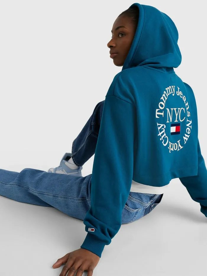 Tommy Hilfiger Timeless Logo Super Cropped Hoody Petrol Womens Sweatshirts and Hoodies Gift for Friend