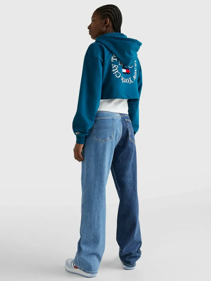 Tommy Hilfiger Timeless Logo Super Cropped Hoody Petrol Womens Sweatshirts and Hoodies Gift for Friend