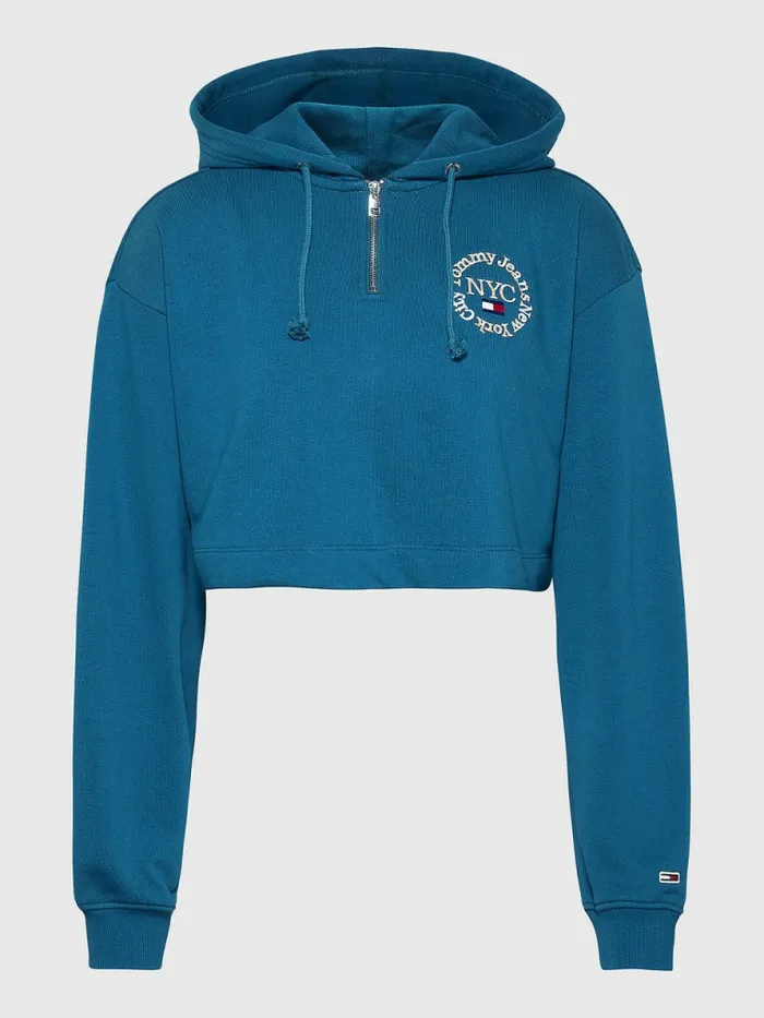 Tommy Hilfiger Timeless Logo Super Cropped Hoody Petrol Womens Sweatshirts and Hoodies Gift for Friend