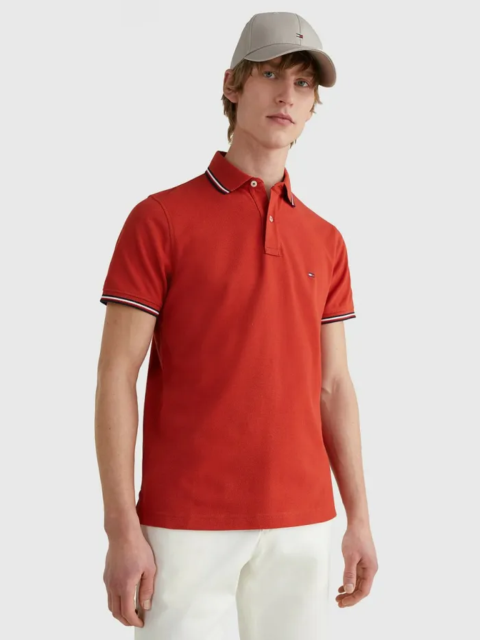 Tommy Hilfiger Tipped Slim Fit Polo Cinnabar Red Mens Polo Shirts On Sale