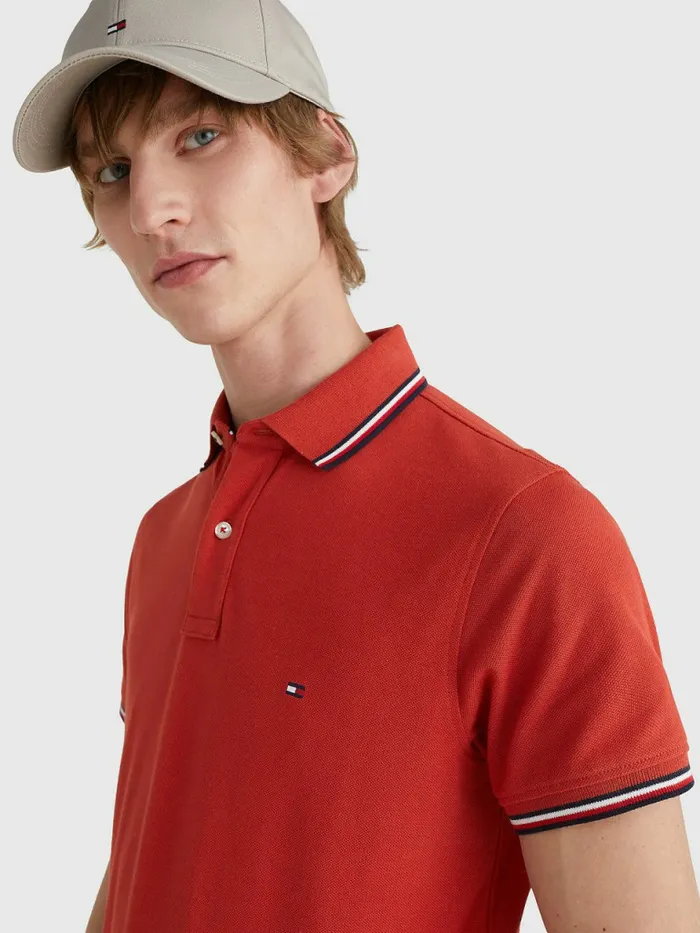 Tommy Hilfiger Tipped Slim Fit Polo Cinnabar Red Mens Polo Shirts On Sale