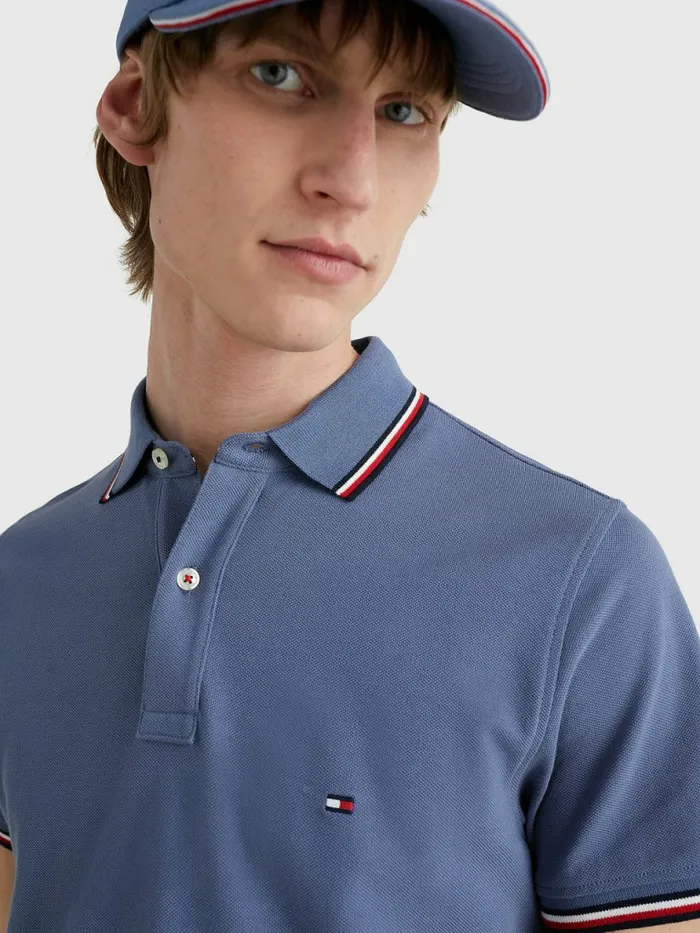 Tommy Hilfiger Tipped Slim Fit Polo Faded Indigo Mens Polo Shirts On Sale