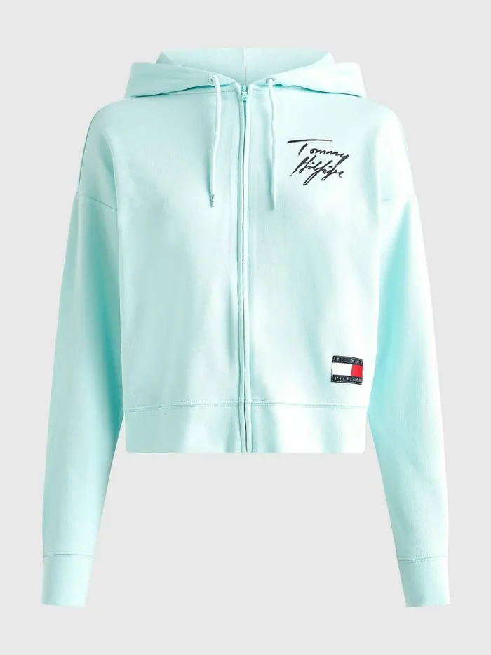 Tommy Hilfiger Tommy 85 Signature Logo Cropped Hoody Aqua Glow Womens Sweatshirts and Hoodies Sale Tommy Hilfiger Tommy 85 Signature Logo Cropped Hoody Aqua Glow Womens Sweatshirts and Hoodies Sale