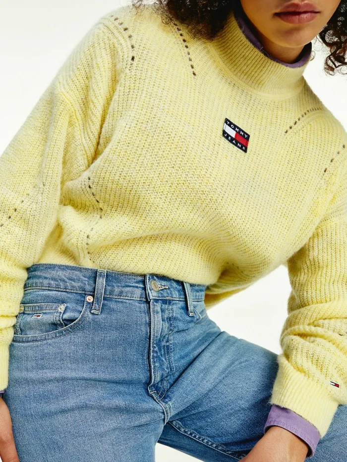 Tommy Hilfiger Tommy Badge Furry HighNeck Jumper Mimosa Yellow Womens Knitwear Near Me