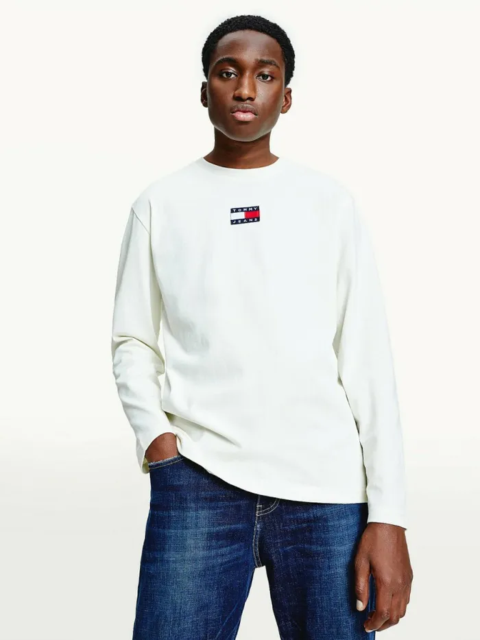 Tommy Hilfiger Tommy Badge Long Sleeve TShirt Ivory Mens TShirts Online