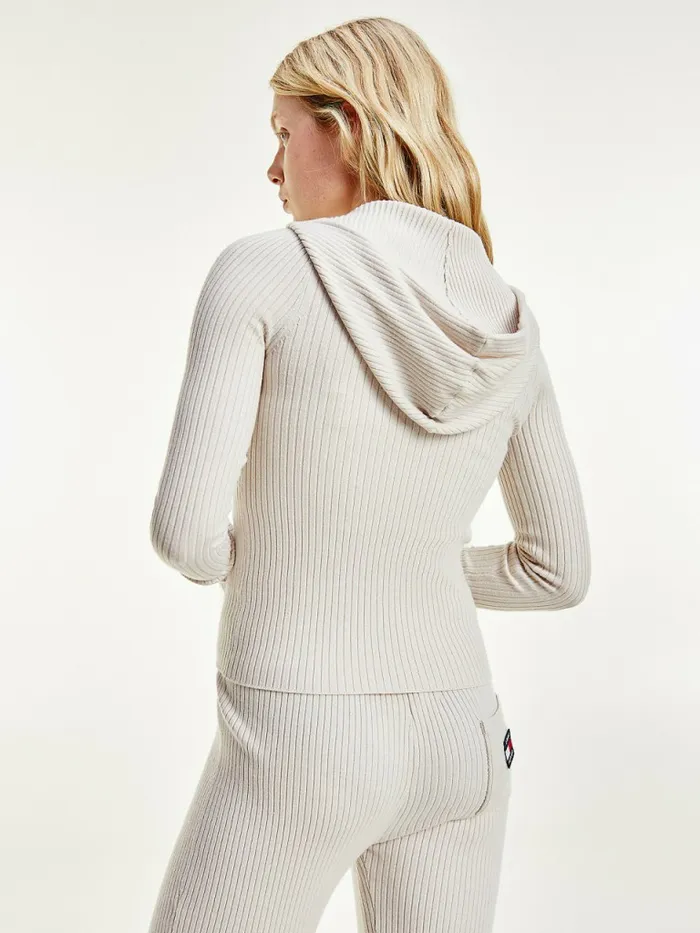 Tommy Hilfiger Tommy Badge ZipThru Hooded Cardigan Stony Beige Womens Knitwear Gift 4 You