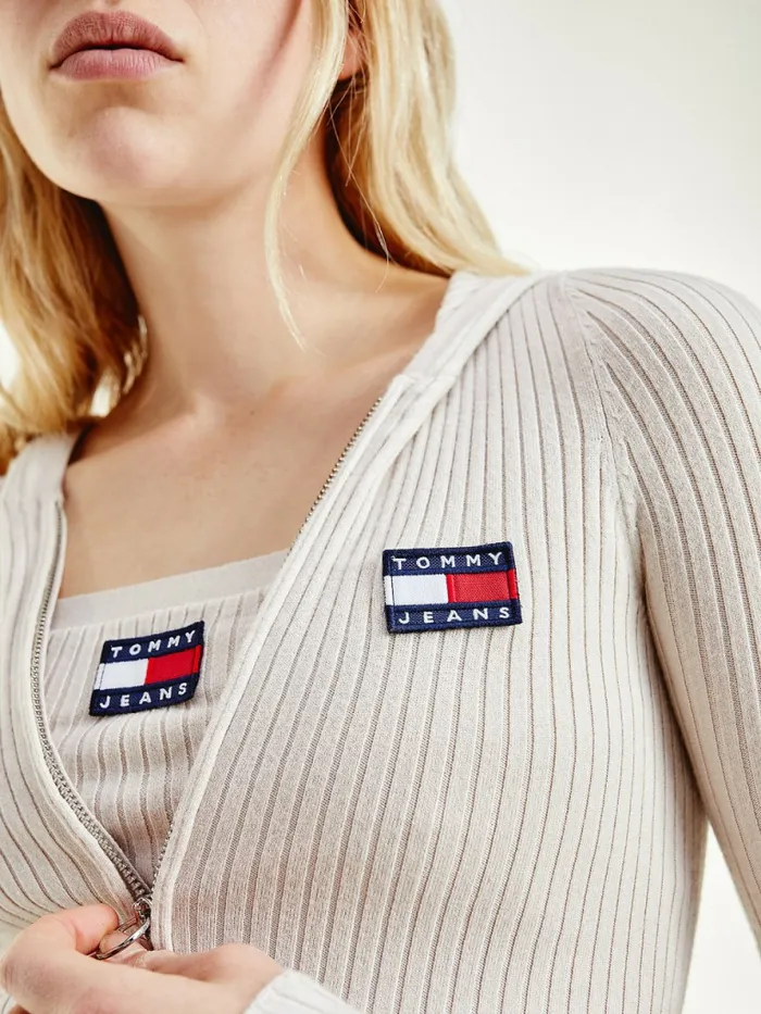 Tommy Hilfiger Tommy Badge ZipThru Hooded Cardigan Stony Beige Womens Knitwear Gift 4 You