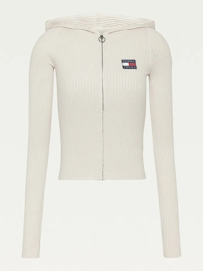 Tommy Hilfiger Tommy Badge ZipThru Hooded Cardigan Stony Beige Womens Knitwear Gift 4 You