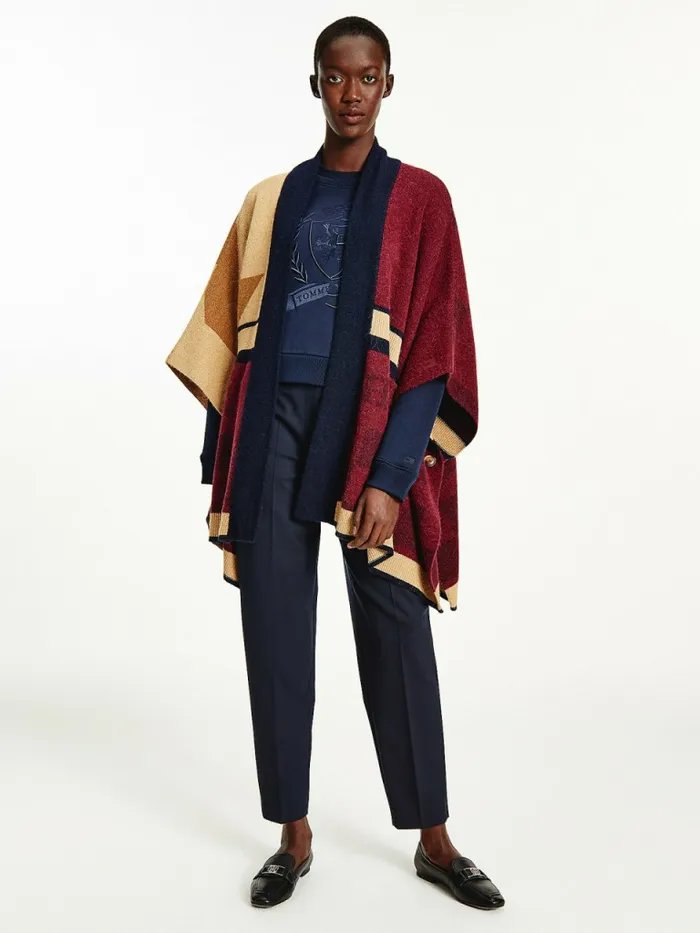 Tommy Hilfiger Tommy Icons Oversized Open Cape Icon Khaki Patchwork Womens Knitwear On Sale Tommy Hilfiger Tommy Icons Oversized Open Cape Icon Khaki Patchwork Womens Knitwear On Sale