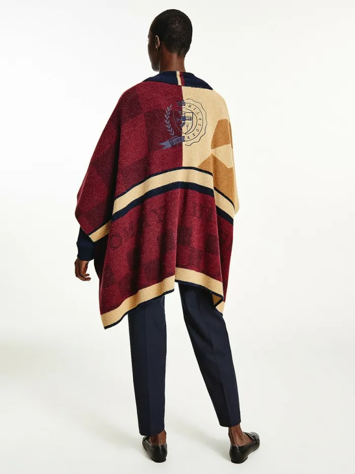 Tommy Hilfiger Tommy Icons Oversized Open Cape Icon Khaki Patchwork Womens Knitwear On Sale