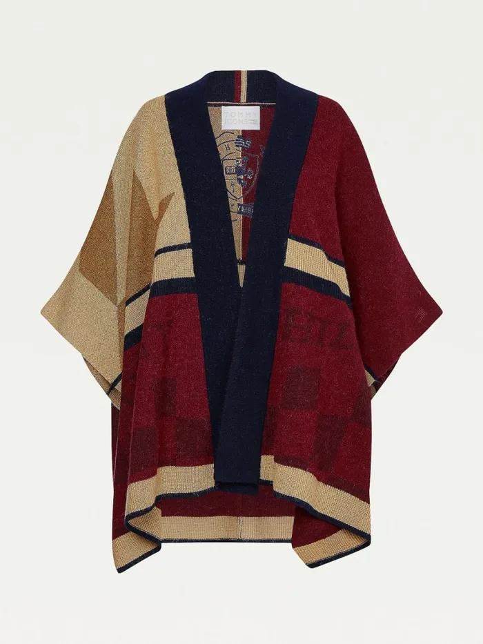 Tommy Hilfiger Tommy Icons Oversized Open Cape Icon Khaki Patchwork Womens Knitwear On Sale