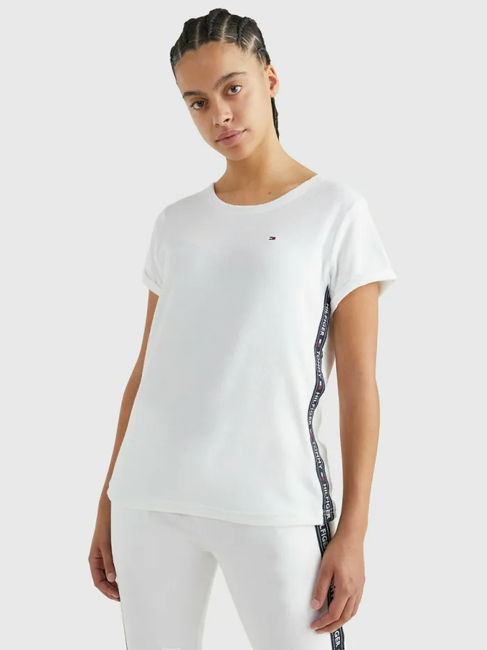 Tommy Hilfiger Towelling Logo Tape TShirt White Womens TShirts Casaul