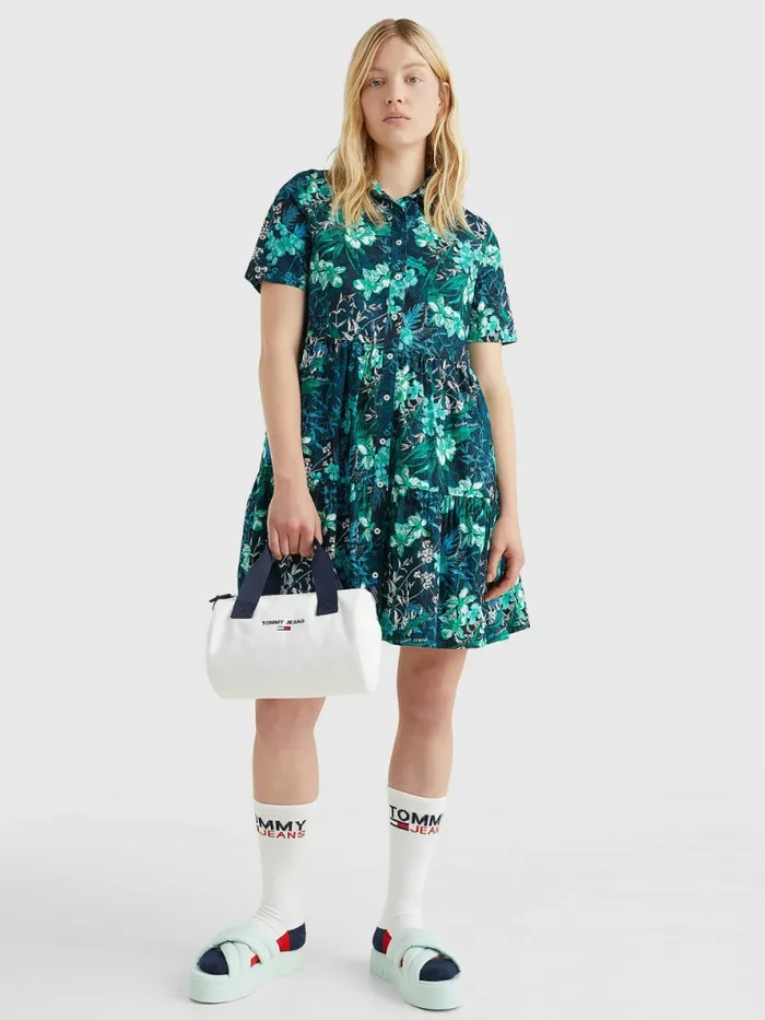 Tommy Hilfiger Tropical Print Short Sleeve Shirt Dress Island Leaf Print Womens Dresses and Jumpsuits Fashion