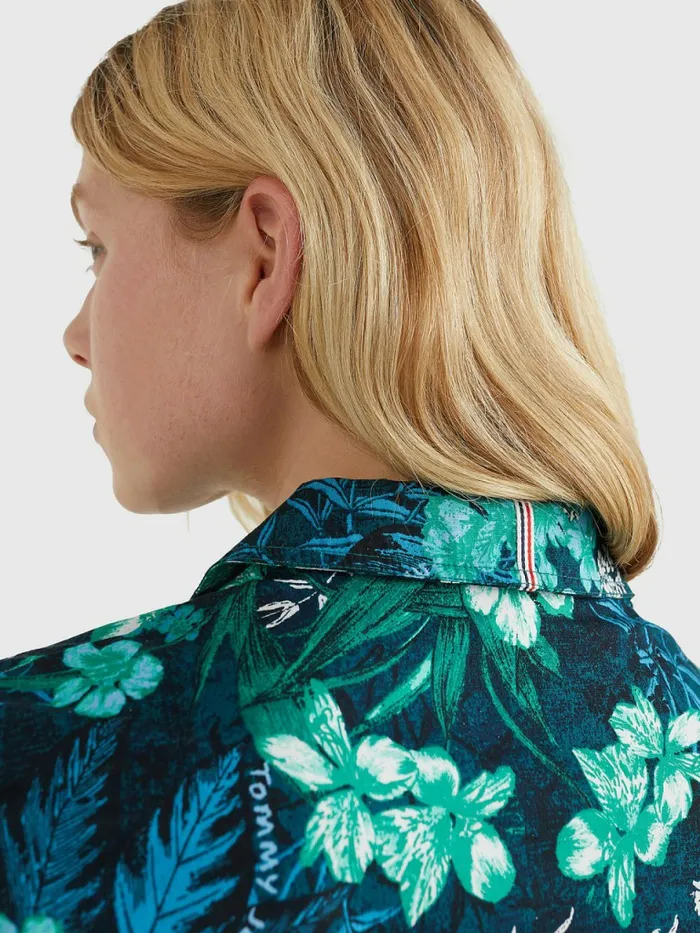 Tommy Hilfiger Tropical Print Short Sleeve Shirt Dress Island Leaf Print Womens Dresses and Jumpsuits Fashion