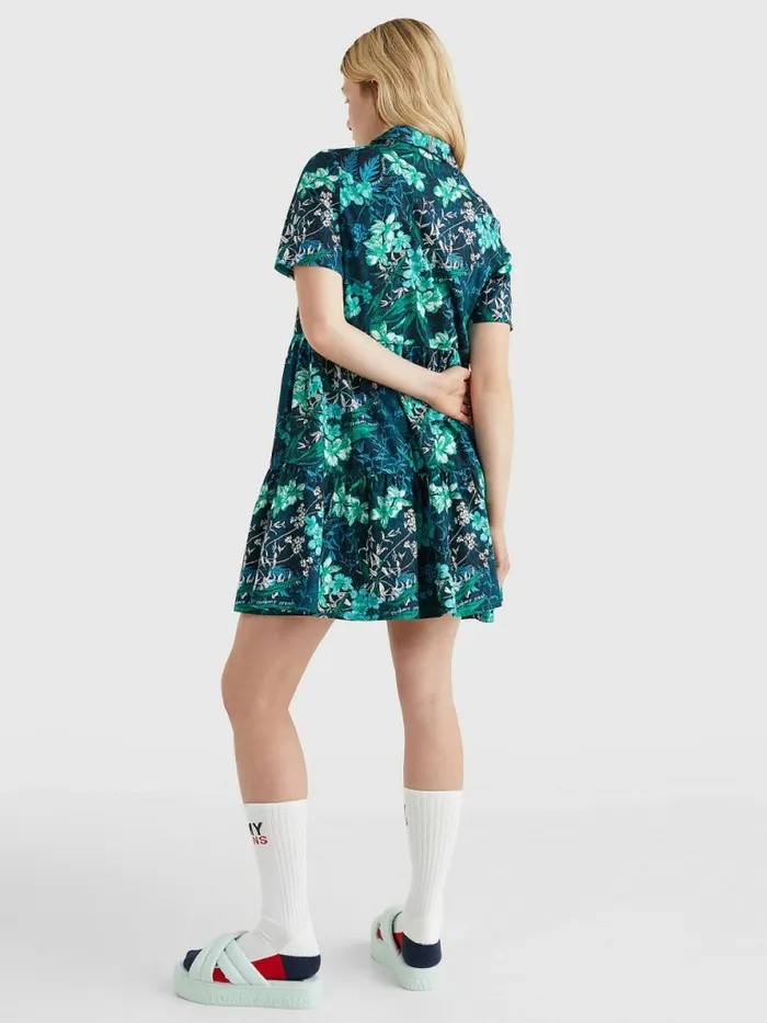 Tommy Hilfiger Tropical Print Short Sleeve Shirt Dress Island Leaf Print Womens Dresses and Jumpsuits Fashion