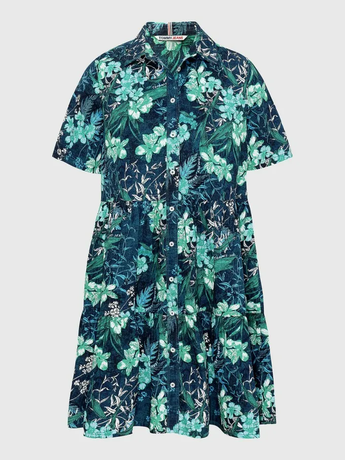 Tommy Hilfiger Tropical Print Short Sleeve Shirt Dress Island Leaf Print Womens Dresses and Jumpsuits Fashion