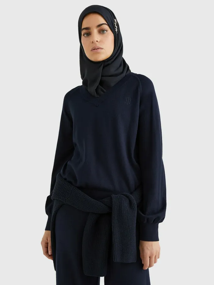 Tommy Hilfiger VNeck Puff Sleeve Relaxed Fit Jumper Desert Sky Womens CoOrds