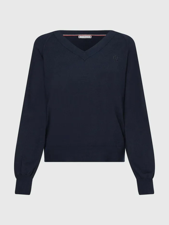 Tommy Hilfiger VNeck Puff Sleeve Relaxed Fit Jumper Desert Sky Womens CoOrds