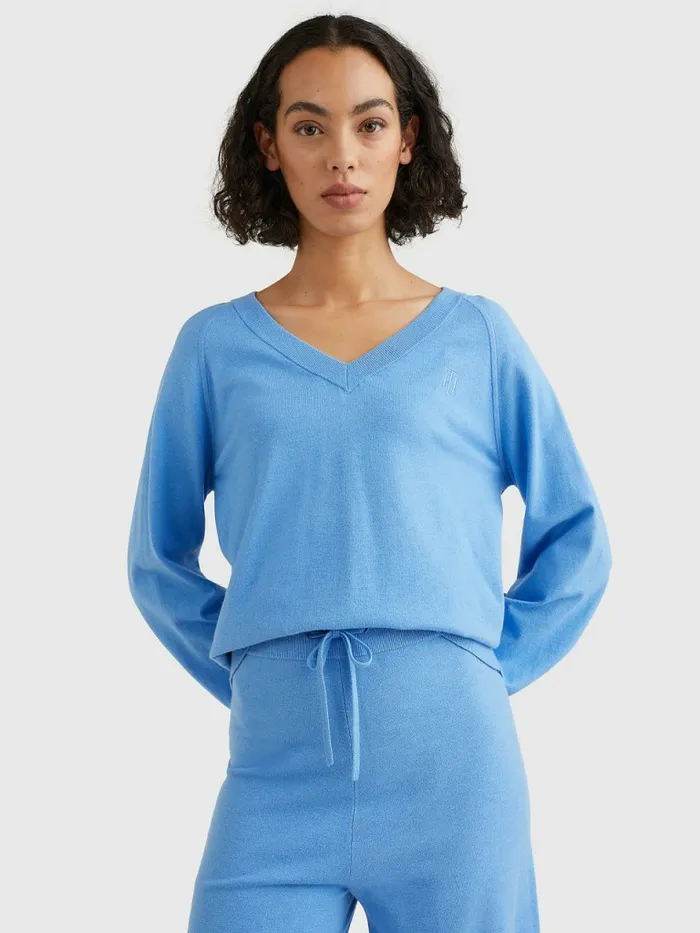 Tommy Hilfiger VNeck Puff Sleeve Relaxed Fit Jumper Hydrangea Blue Womens CoOrds Tommy Hilfiger VNeck Puff Sleeve Relaxed Fit Jumper Hydrangea Blue Womens CoOrds