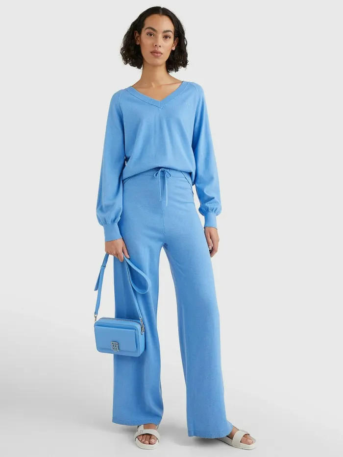 Tommy Hilfiger VNeck Puff Sleeve Relaxed Fit Jumper Hydrangea Blue Womens CoOrds