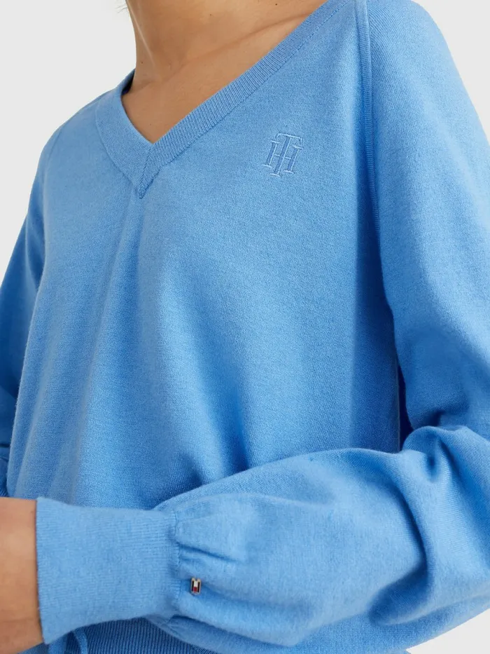 Tommy Hilfiger VNeck Puff Sleeve Relaxed Fit Jumper Hydrangea Blue Womens CoOrds