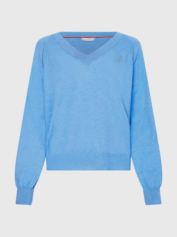 Tommy Hilfiger VNeck Puff Sleeve Relaxed Fit Jumper Hydrangea Blue Womens CoOrds