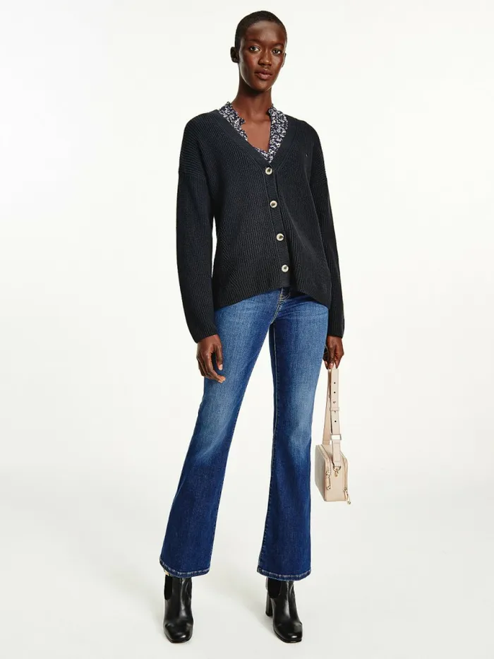 Tommy Hilfiger VNeck Relaxed Fit Rib Knit Cardigan Desert Sky Womens Knitwear Popular