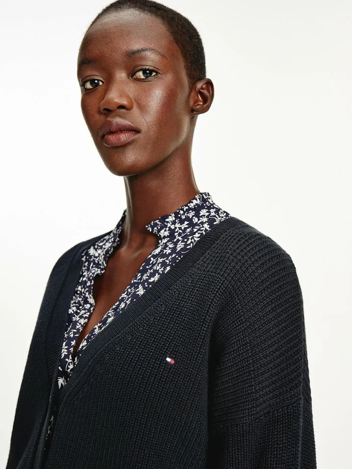 Tommy Hilfiger VNeck Relaxed Fit Rib Knit Cardigan Desert Sky Womens Knitwear Popular