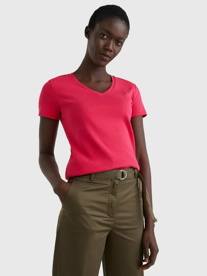 Tommy Hilfiger VNeck Slim Fit TShirt Pink Splendor Womens TShirts On Sale