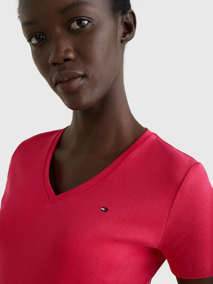 Tommy Hilfiger VNeck Slim Fit TShirt Pink Splendor Womens TShirts On Sale