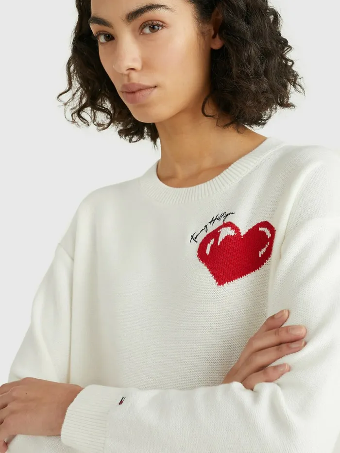 Tommy Hilfiger Valentines Heart Organic Cotton Jumper Ecru Womens Knitwear Sale