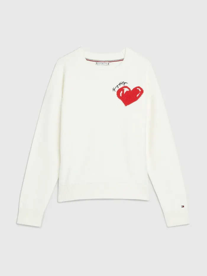 Tommy Hilfiger Valentines Heart Organic Cotton Jumper Ecru Womens Knitwear Sale