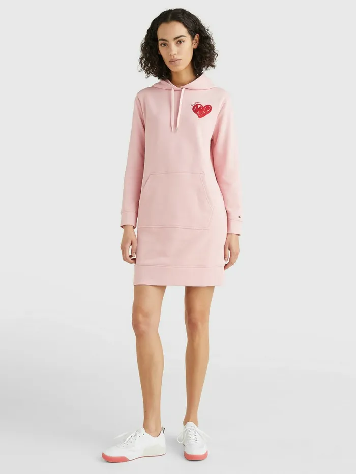 Tommy Hilfiger Valentines Heart Print Hoody Dress Glacier Pink Womens Dresses and Jumpsuits Online