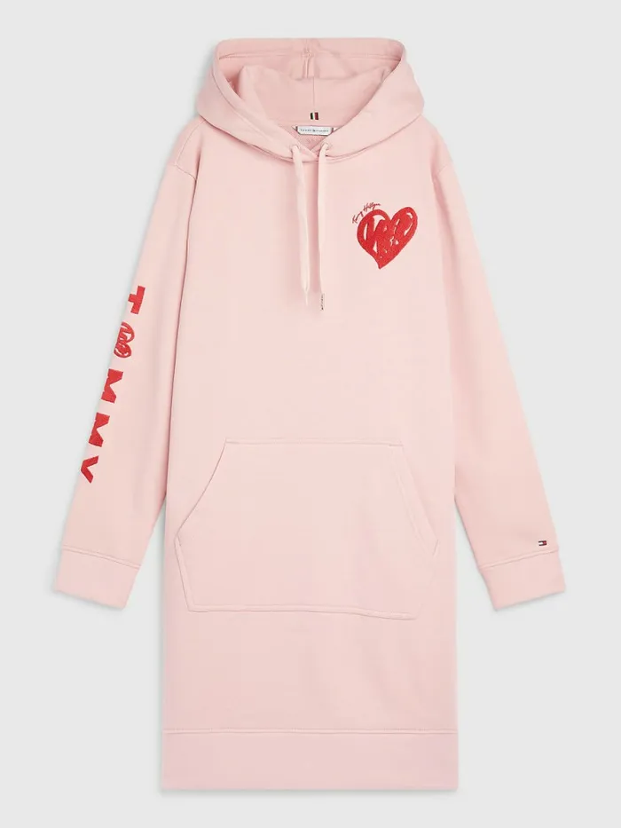 Tommy Hilfiger Valentines Heart Print Hoody Dress Glacier Pink Womens Dresses and Jumpsuits Online