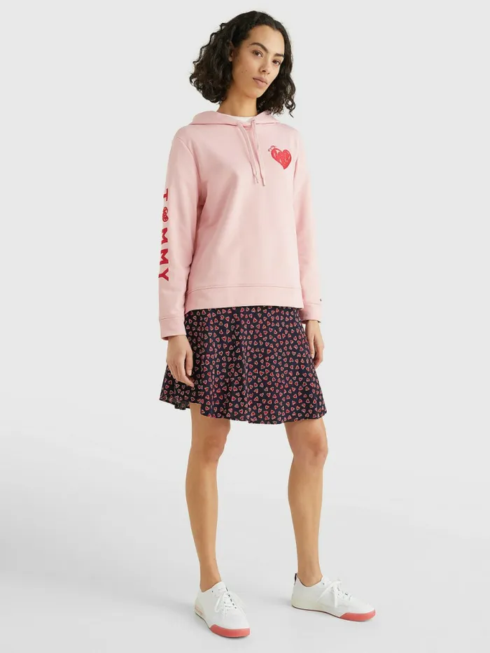 Tommy Hilfiger Valentines Heart Print Terry Hoody Glacier Pink Womens Sweatshirts and Hoodies Cheap On Sale