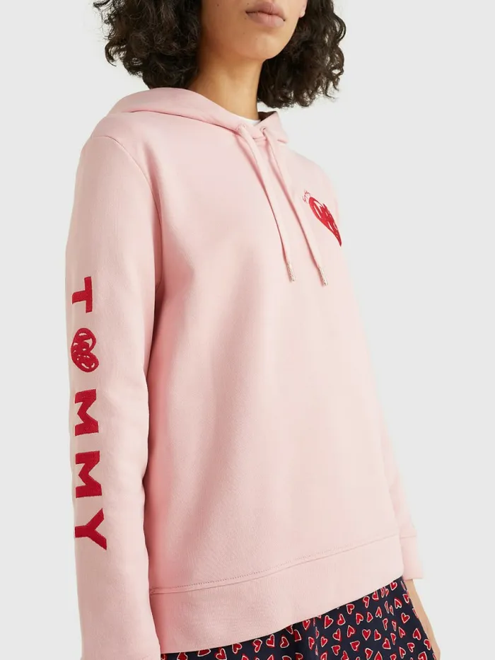 Tommy Hilfiger Valentines Heart Print Terry Hoody Glacier Pink Womens Sweatshirts and Hoodies Cheap On Sale