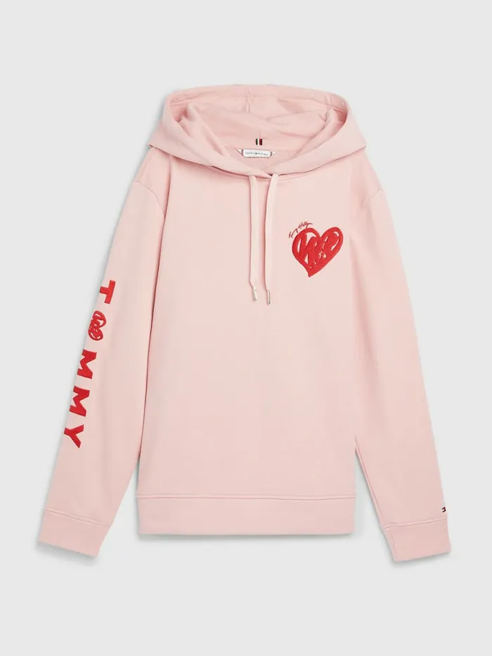 Tommy Hilfiger Valentines Heart Print Terry Hoody Glacier Pink Womens Sweatshirts and Hoodies Cheap On Sale