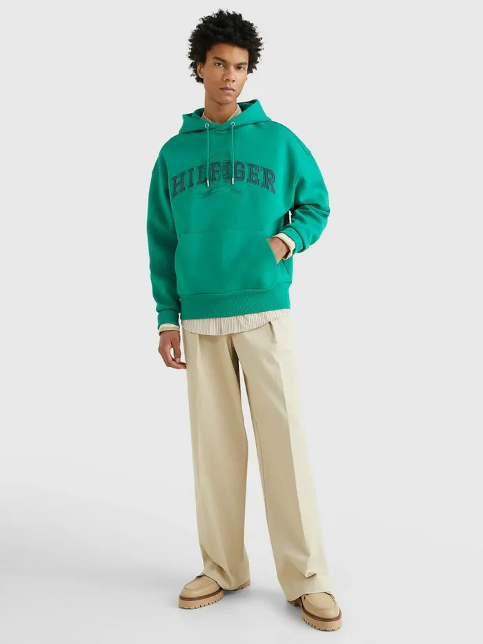 Tommy Hilfiger Varsity Crest Embroidery Hoody Verde Mens Sweatshirts and Hoodies Sale